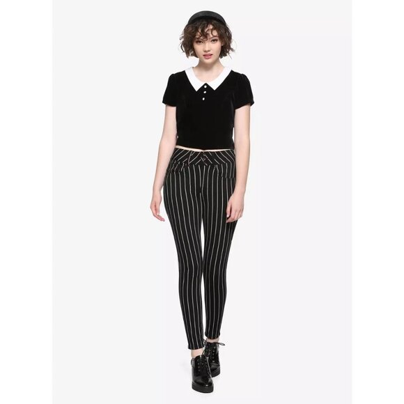 Hot Topic Denim Black & White Pinstripe Hi-Rise Super Skinny Jeans Goth Punk 3 - Picture 3 of 9